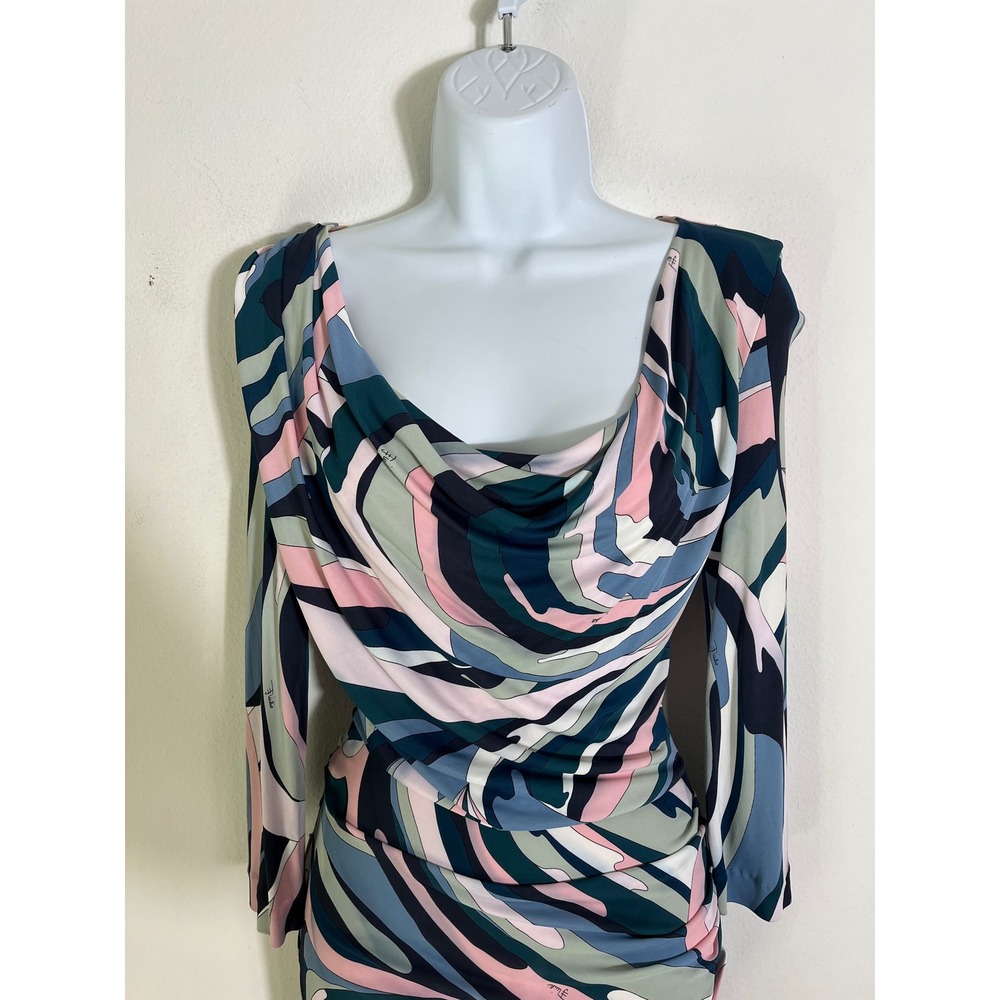 EMILIO PUCCI Draped Cowl Neck Ruched Abstract Print Long Sleeve Dress - Picture 5 of 16